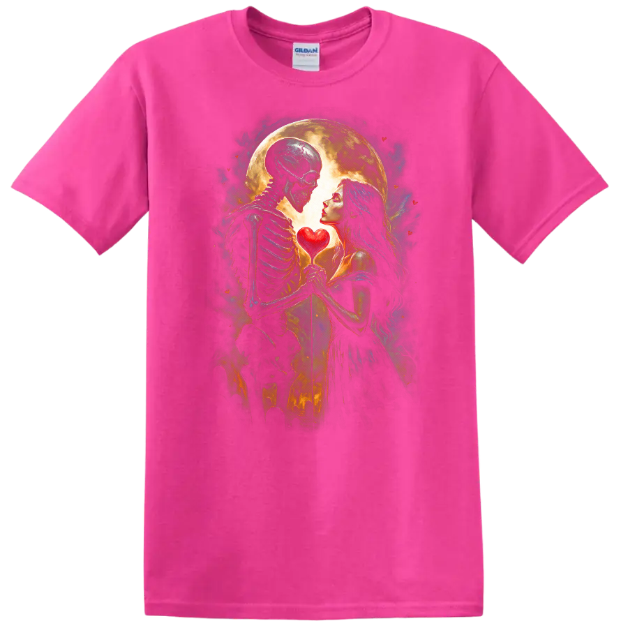Romantic skeleton and woman holding a heart beneath a full moon in gothic art on a Safety Pink T Shirt