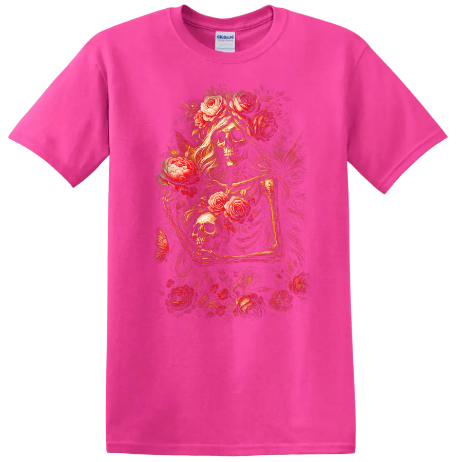 Vintage gothic skeletal figures and skulls surrounded by red roses and foliage on a Safety Pink T Shirt