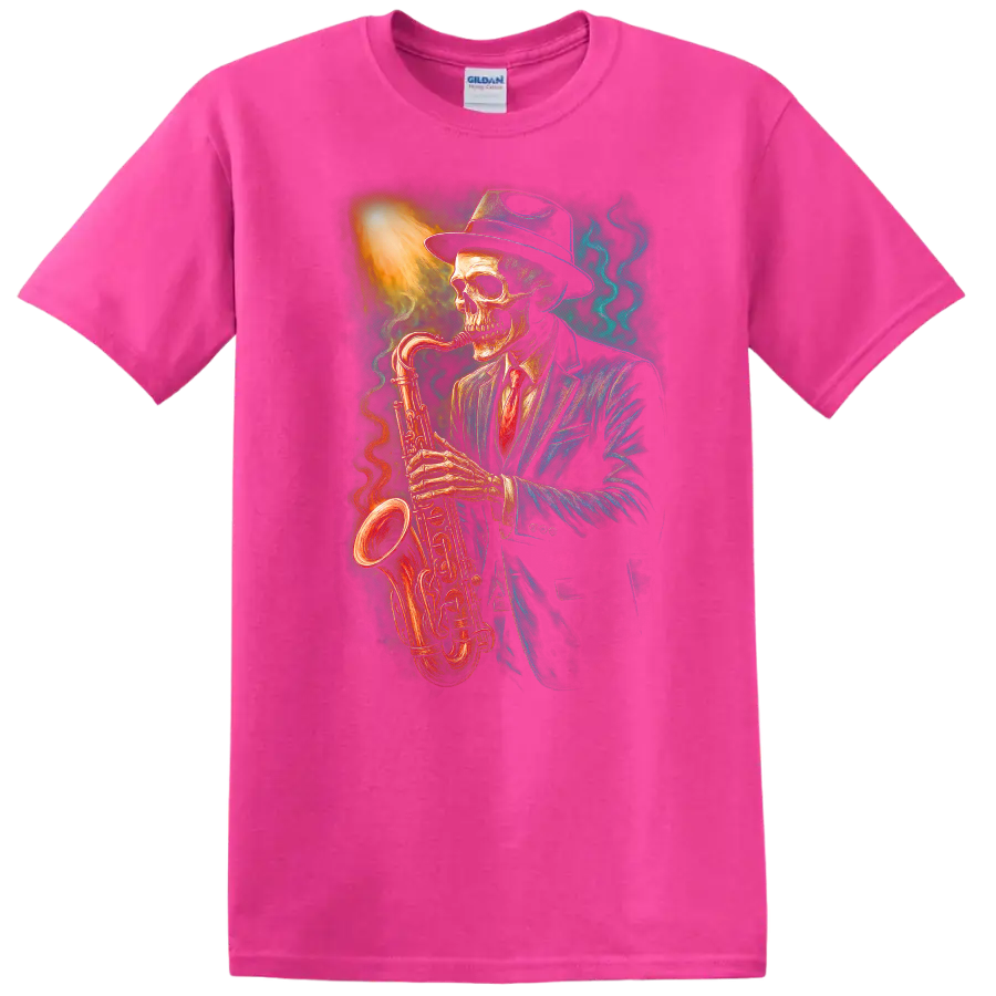 Vintage gothic skeleton in a suit and hat playing a glowing saxophone on a Safety Pink T Shirt