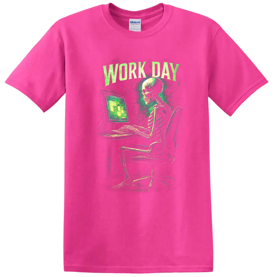 Work Day skeleton at computer in distressed vintage gothic green graphic on a Safety Pink T Shirt