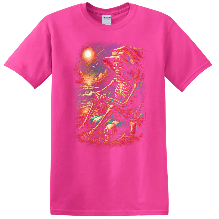 Vintage-style skeleton in beach chair with skull, ocean waves, hat, and sunset on a Safety Pink T Shirt