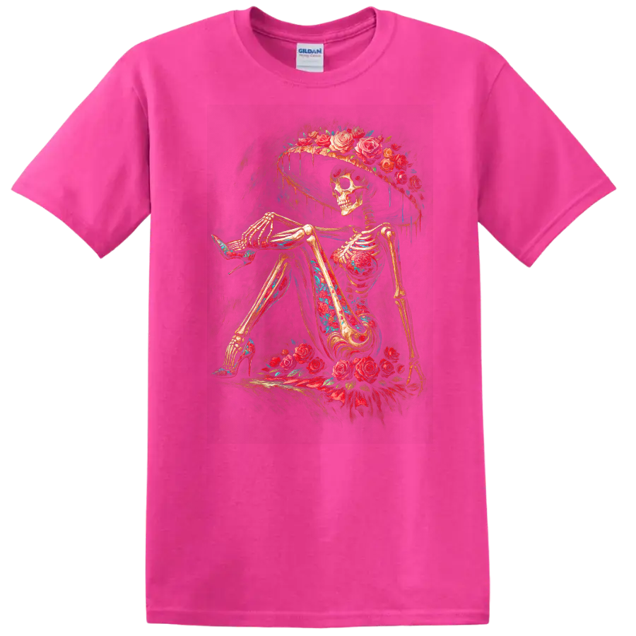 Vintage gothic skeleton in a wide-brim hat surrounded by red roses on a Safety Pink T Shirt
