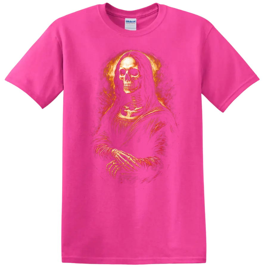 Vintage gothic skeleton portrait with crossed hands and fiery distressed halo on a Safety Pink T Shirt