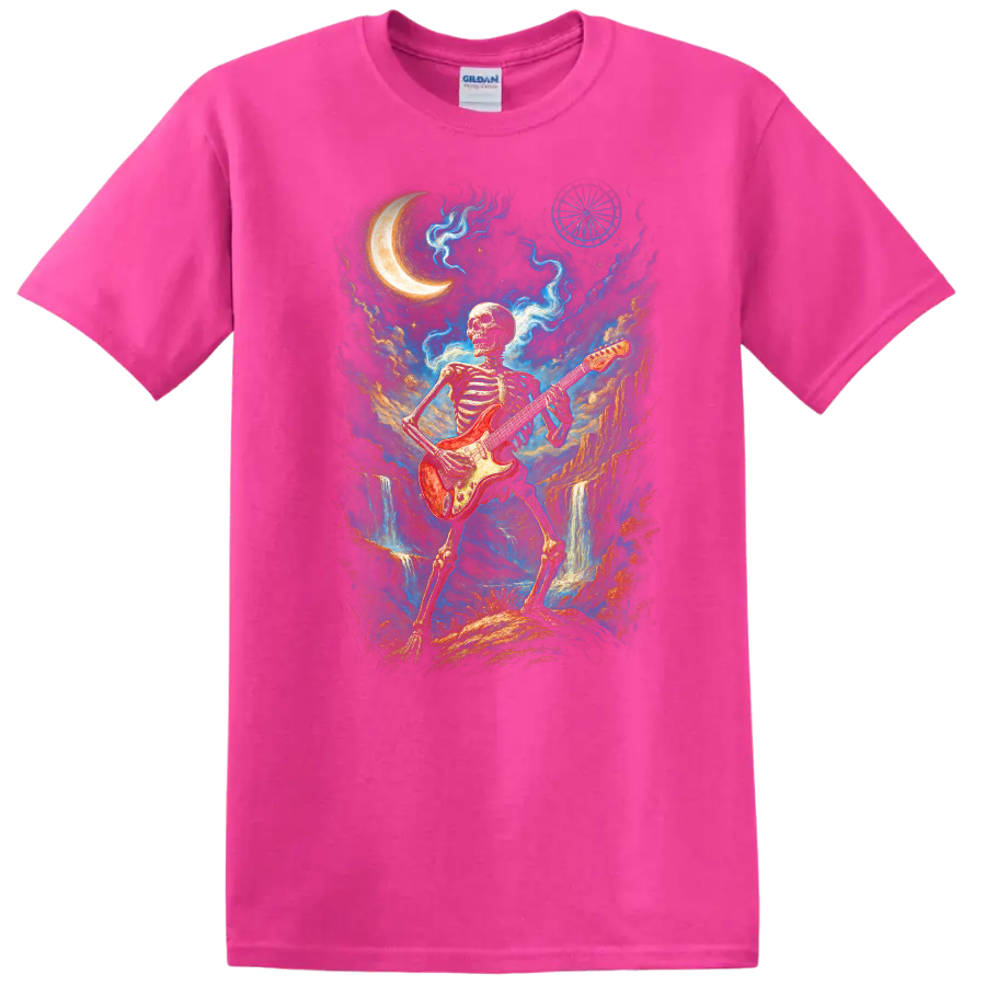 Skeleton guitarist with red electric guitar in moonlit gothic fantasy art on a Safety Pink T Shirt