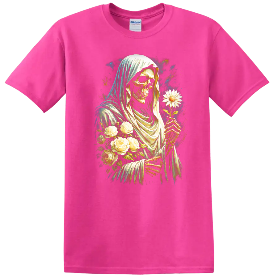 Vintage gothic hooded skeleton holding a white daisy with roses on a Safety Pink T Shirt