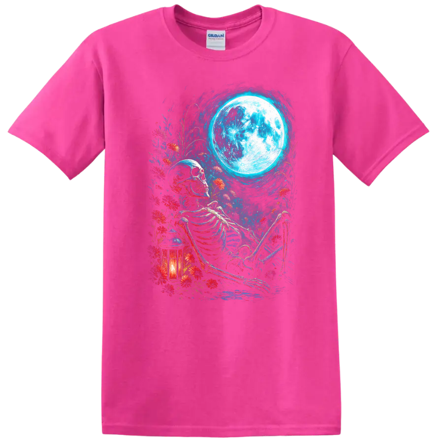 Vintage gothic skeleton resting among wildflowers beneath a full moon with lantern on a Safety Pink T Shirt