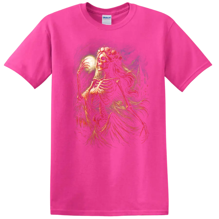 Moonlit floral skeleton in ornate vintage gothic art with flowing drapery on a Safety Pink T Shirt