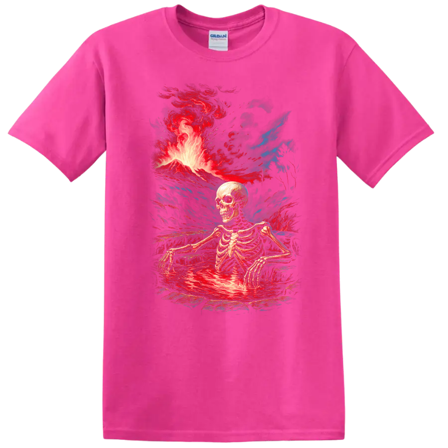 Vintage gothic skeleton standing in a lava pool beneath an erupting volcano on a Safety Pink T Shirt