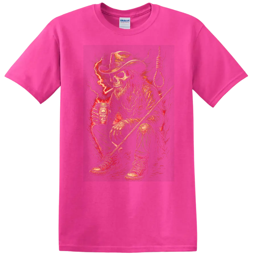 Vintage Gothic skeleton cowboy with red lightning, noose, boots, and rugged Western art on a Safety Pink T Shirt