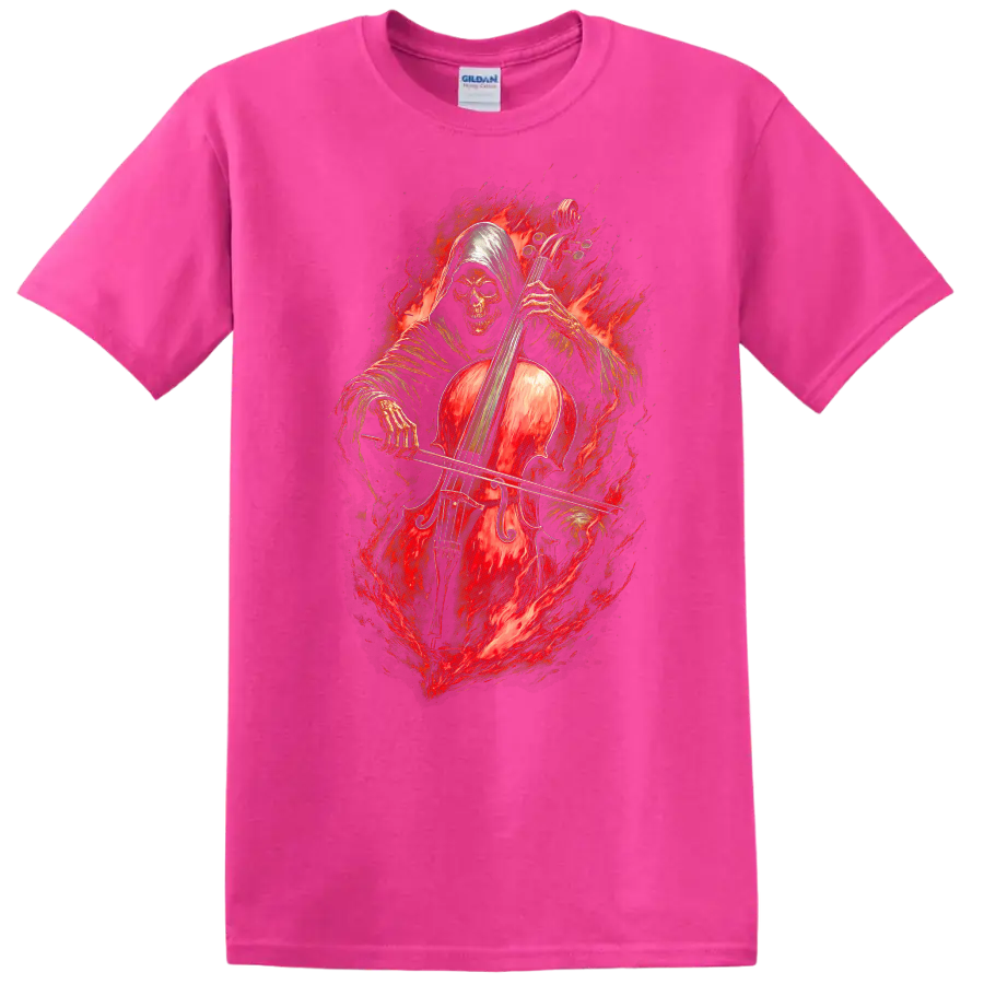 Hooded skeleton cellist with a red cello surrounded by fiery gothic artwork on a Safety Pink T Shirt