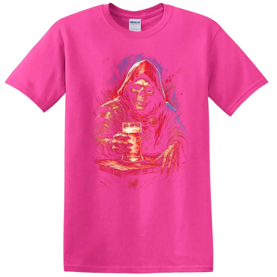 Hooded skeleton holding a beer mug in distressed red and blue gothic art on a Safety Pink T Shirt