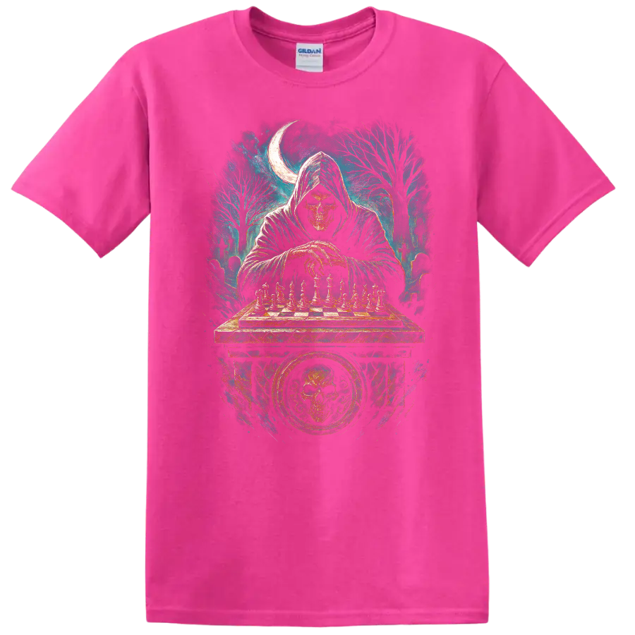 Hooded skull playing chess in a moonlit graveyard gothic illustration on a Safety Pink T Shirt