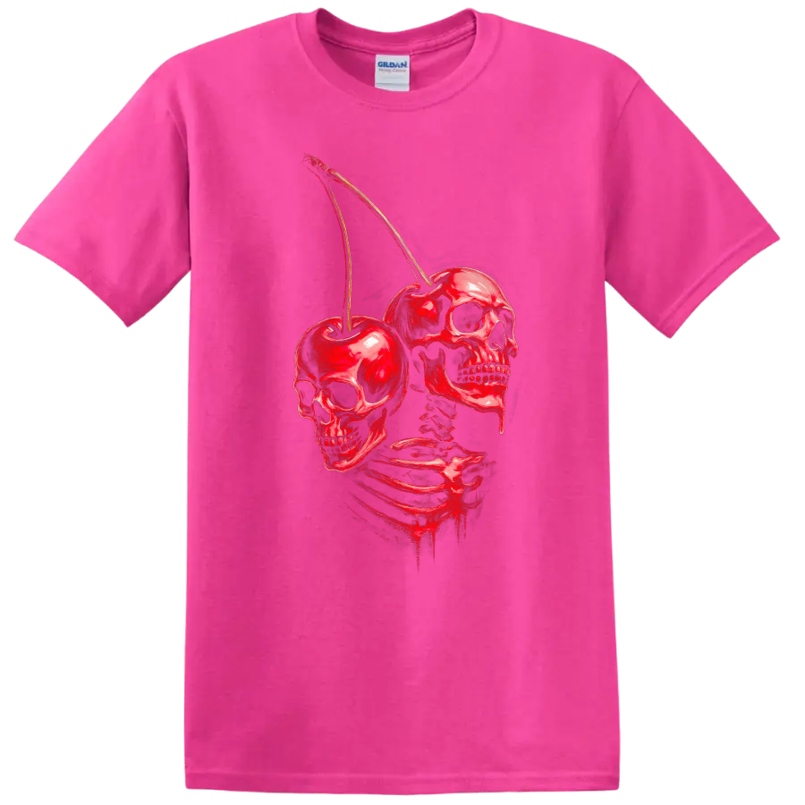 Red skeleton with skulls and cherries in a distressed vintage gothic illustration on a Safety Pink T Shirt