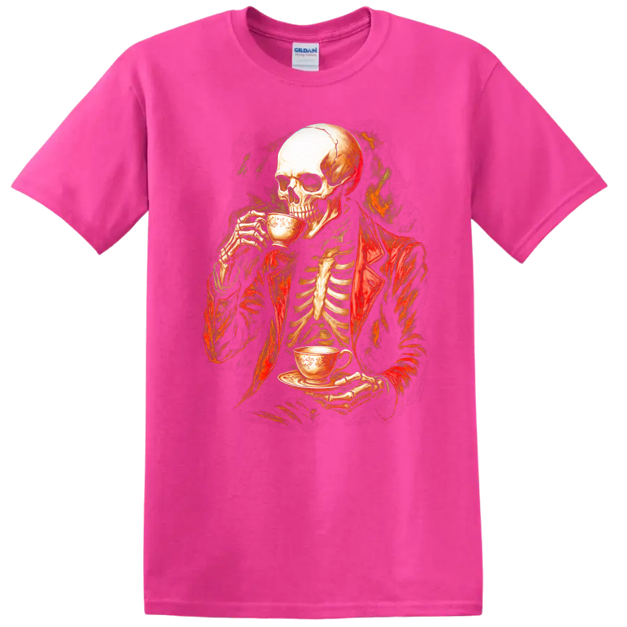 Vintage gothic skeleton in a red jacket drinking tea with a fiery dark backdrop on a Safety Pink T Shirt