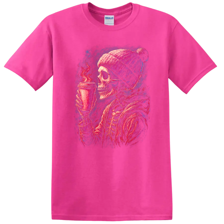 Vintage gothic skeleton in a beanie holding a steaming coffee cup on a Safety Pink T Shirt