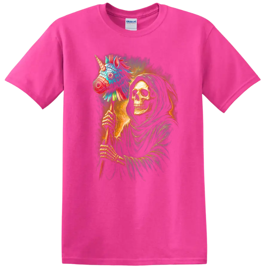 Hooded skeleton holding a colorful unicorn piñata in a vivid gothic illustration on a Safety Pink T Shirt