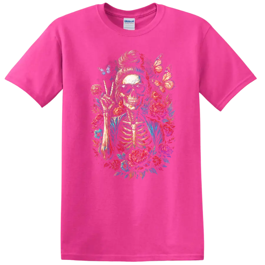 Vintage skeleton in sunglasses making a peace sign with flowers and butterflies on a Safety Pink T Shirt