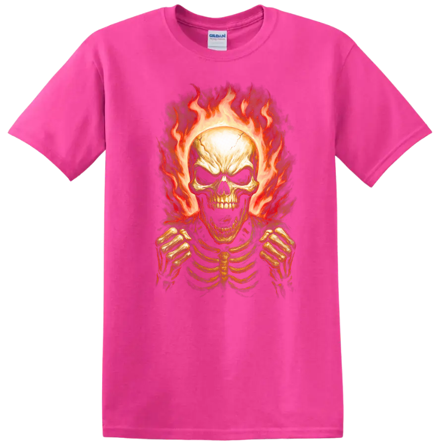 Vintage gothic flaming skeleton skull with rib cage and clenched hands on a Safety Pink T Shirt