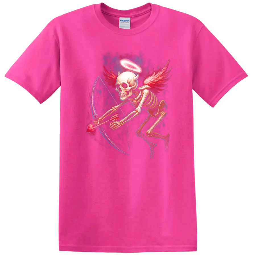 Winged skeleton archer with halo, red wings, and heart-shaped bow in gothic art on a Safety Pink T Shirt