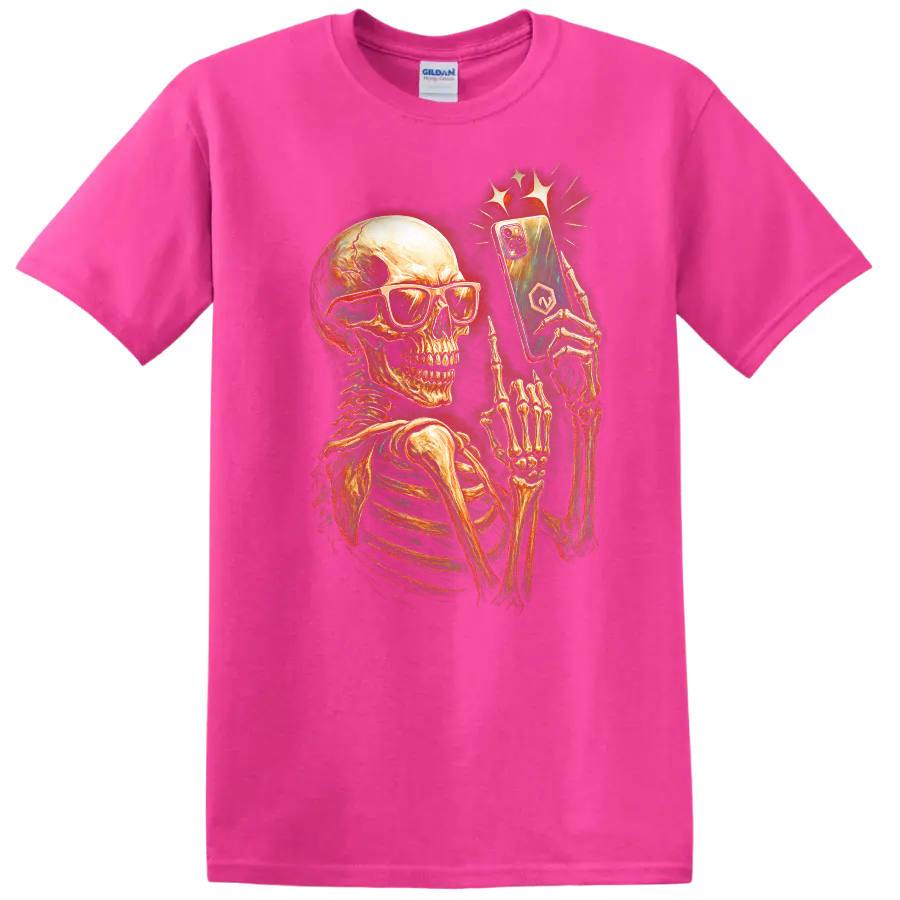 Vintage skeleton in sunglasses holding a smartphone gothic graphic print on a Safety Pink T Shirt