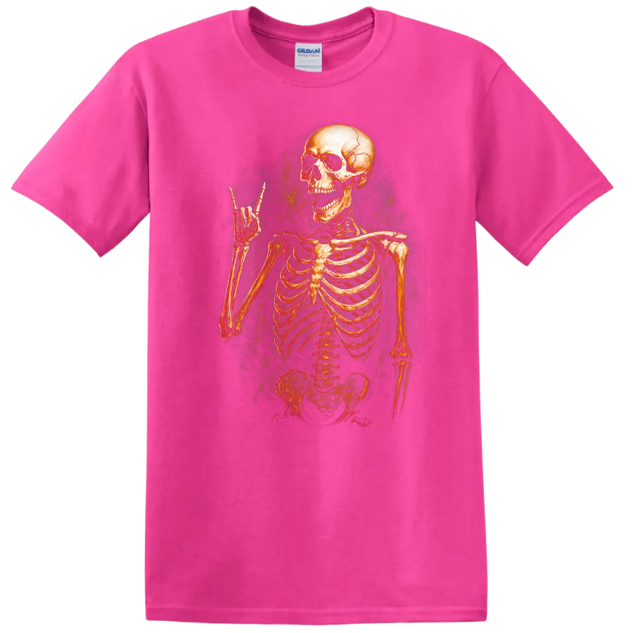 Vintage grinning skeleton raising a horn hand in distressed gothic illustration on a Safety Pink T Shirt