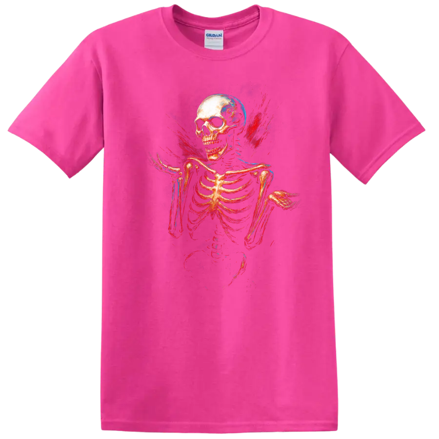 Vintage skull and skeleton graphic with red and blue gothic splatter on a Safety Pink T Shirt