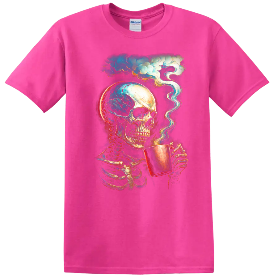 Vintage gothic skeleton skull holding a steaming cup beneath swirling clouds on a Safety Pink T Shirt