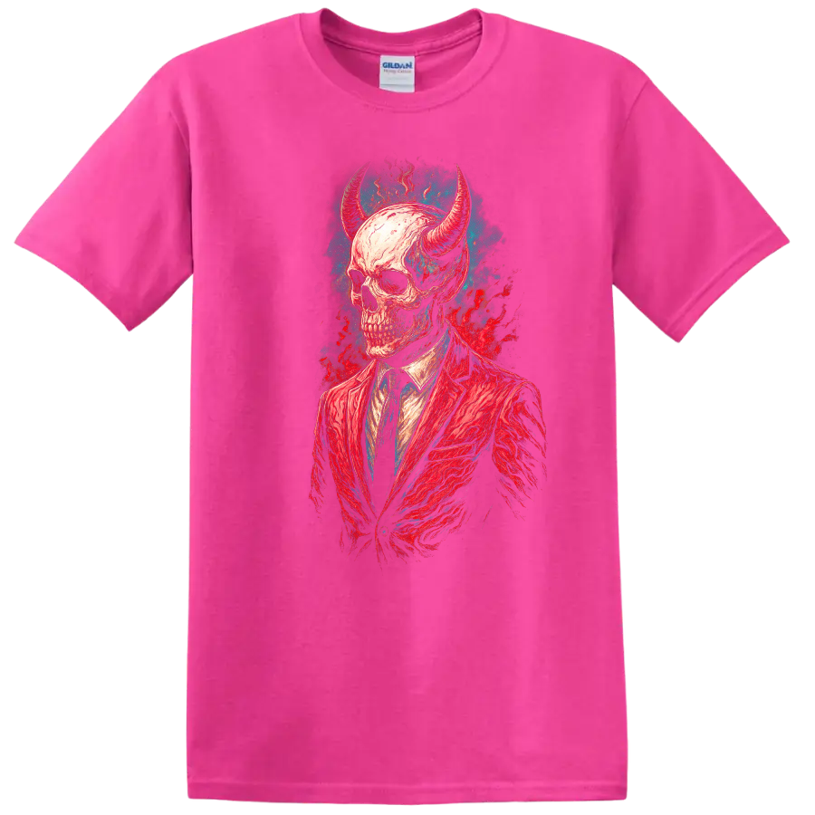 Horned skull in red suit, vintage gothic illustration with teal and red splashes on a Safety Pink T Shirt