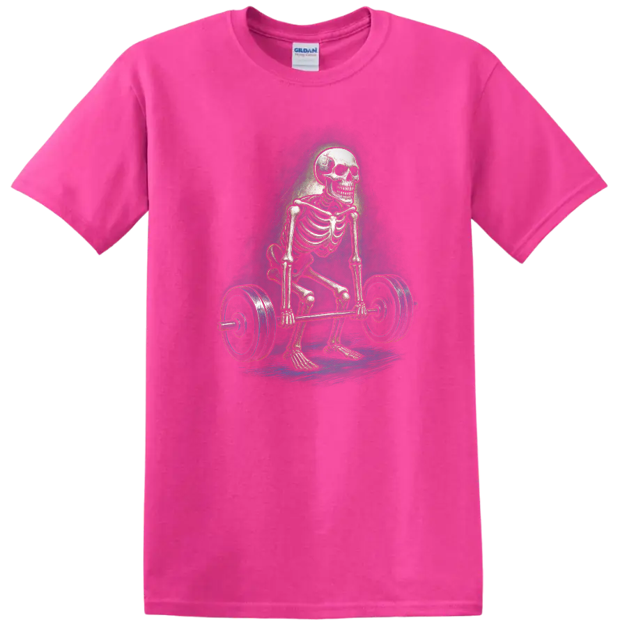Vintage gothic skeleton performing a barbell deadlift graphic on a Safety Pink T Shirt
