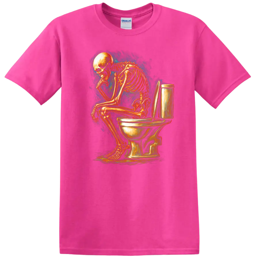 Vintage gothic skeleton sitting on a toilet in detailed dark humor artwork on a Safety Pink T Shirt