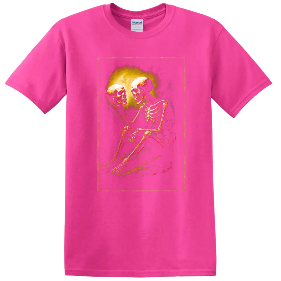 Vintage gothic skeleton holding a skull in a moody dark art illustration on a Safety Pink T Shirt