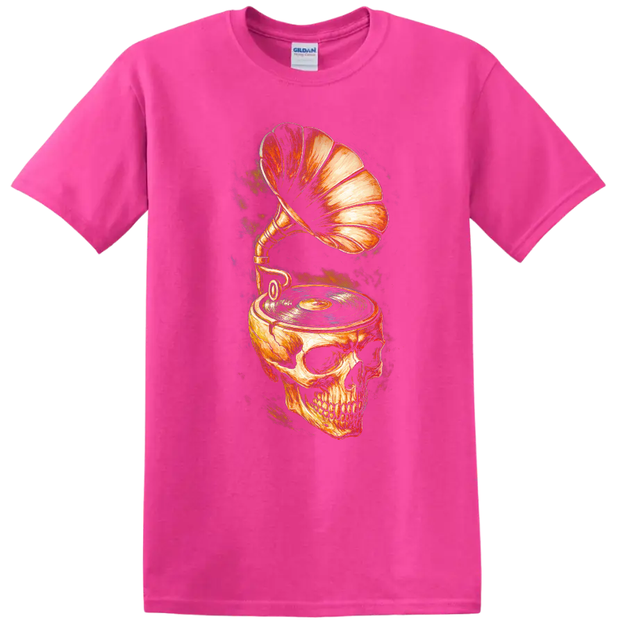 Vintage skull gramophone and turntable graphic with vinyl record on a Safety Pink T Shirt