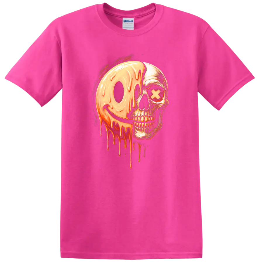 Vintage gothic skull with a melting orange smiley face and X eye graphic on a Safety Pink T Shirt
