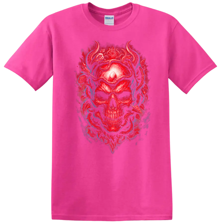 Red horned skull with crystal, gothic floral ornament, and teal vines on a Safety Pink T Shirt