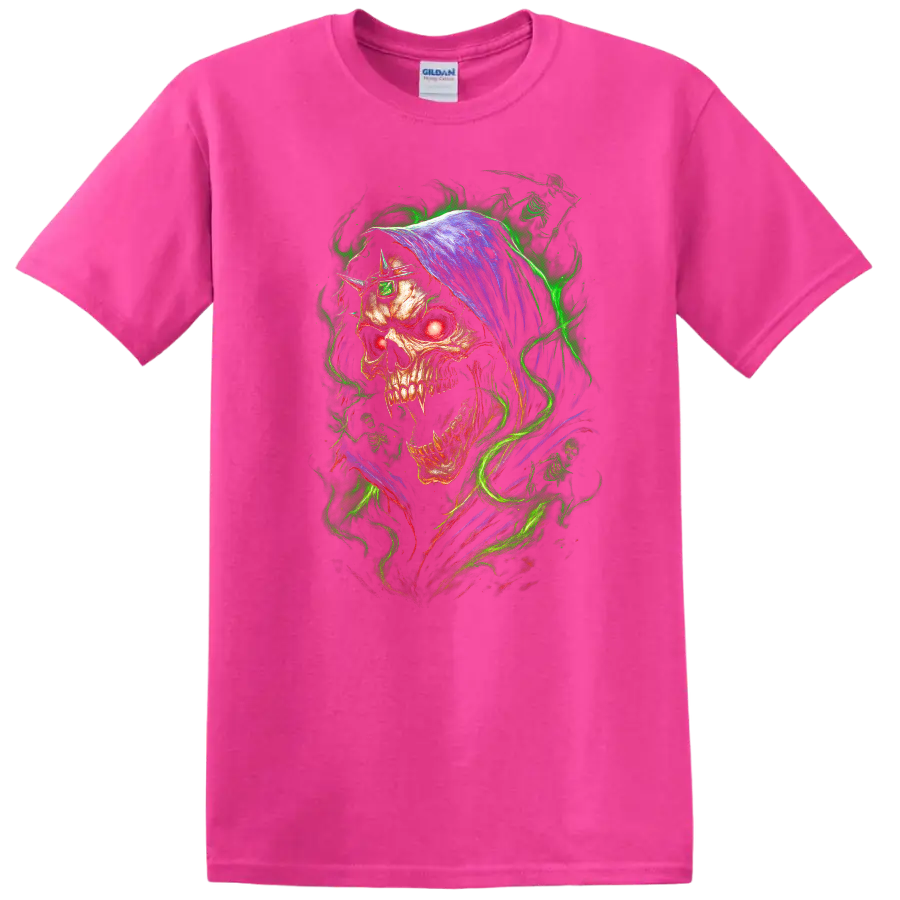 Hooded skull with glowing red eye and neon green flames in gothic horror art on a Safety Pink T Shirt