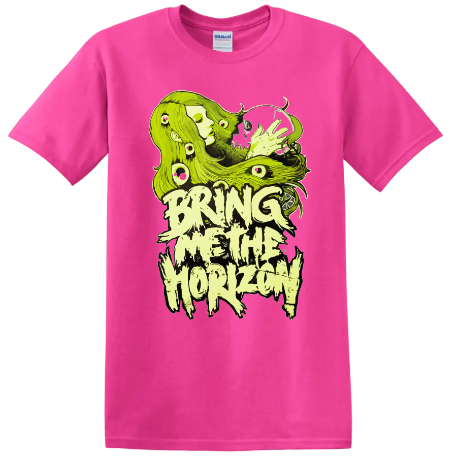 Neon green Bring Me The Horizon inspired horror-metal graphic T - Safety Pink
