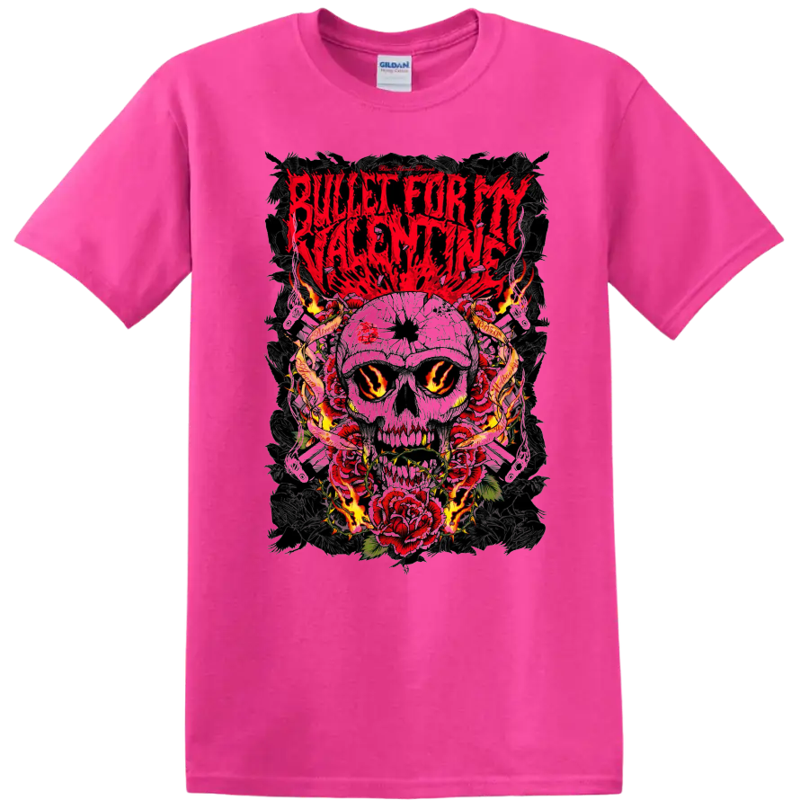 Bullet For My Valentine skull and roses rock metal graphic print T - Safety Pink
