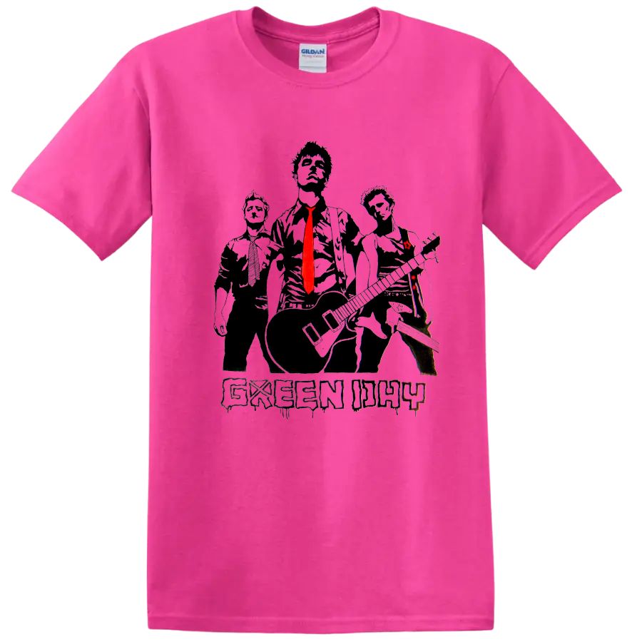 Green Day rock band graphic print T shirt with three stylized figures and red - Safety Pink