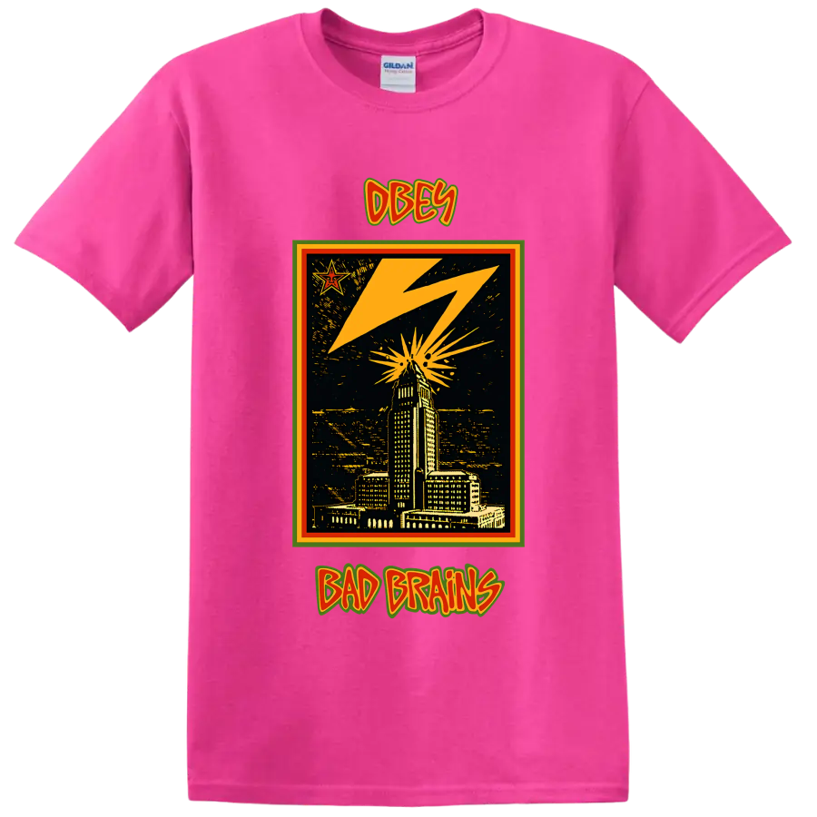 Bad Brains OBEY lightning city skyline punk rock graphic on a Safety Pink T Shirt