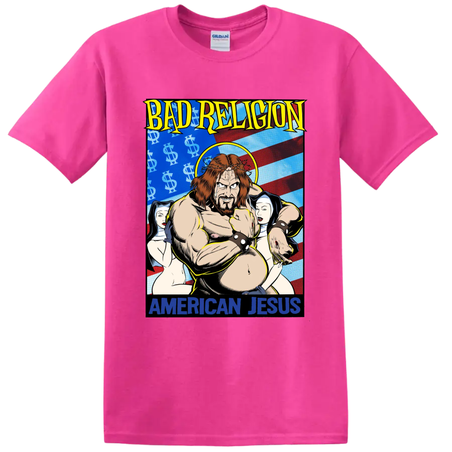Bad Religion American Jesus comic-style punk rock graphic print on a Safety Pink T Shirt