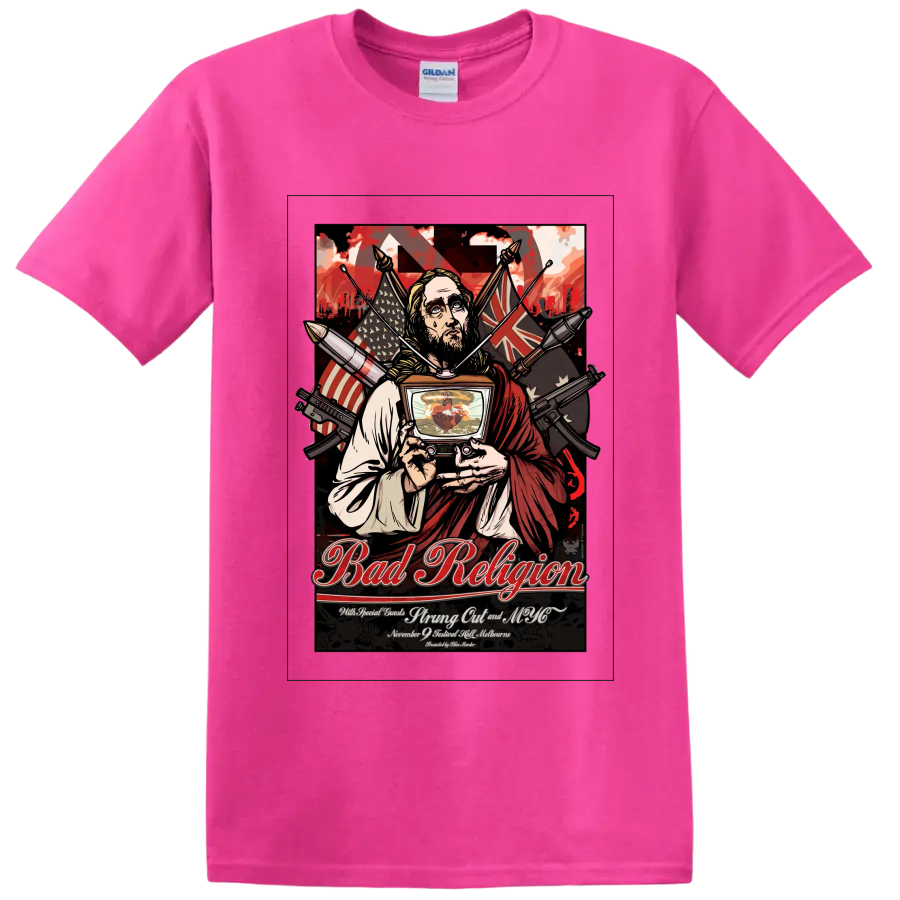 Bad Religion punk rock concert poster graphic with robed figure and television on a Safety Pink T Shirt