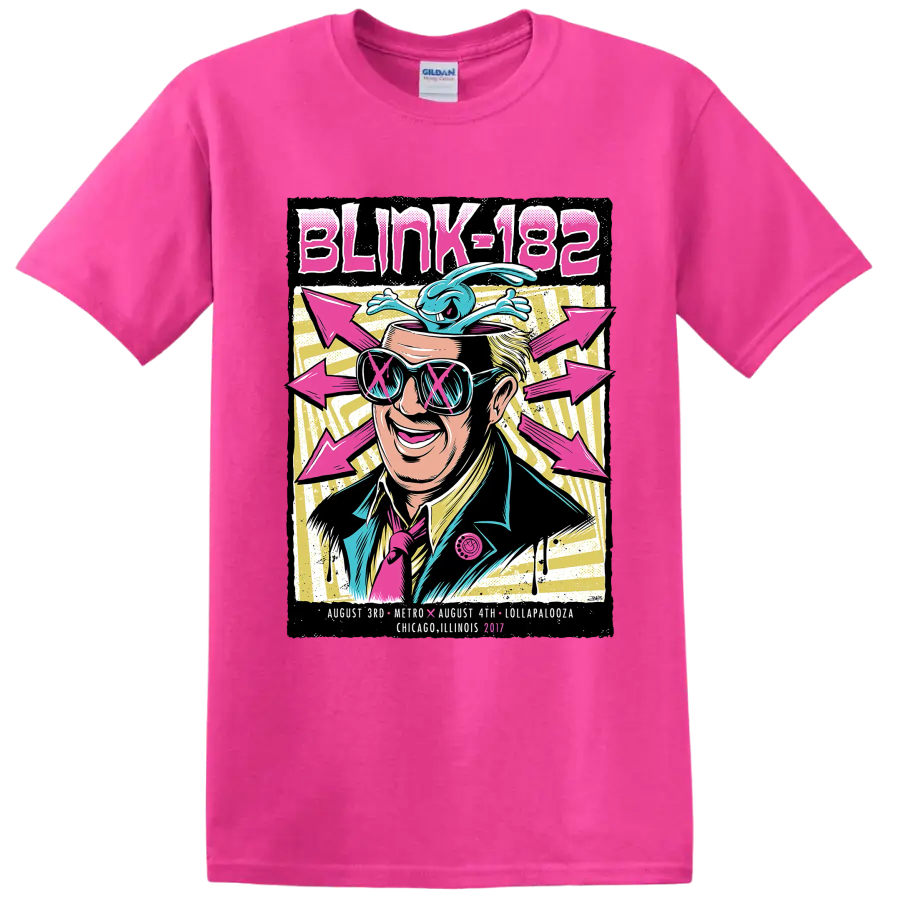 Blink-182 punk rock festival graphic with sunglasses, blue creature, and pink arrows on a Safety Pink T Shirt
