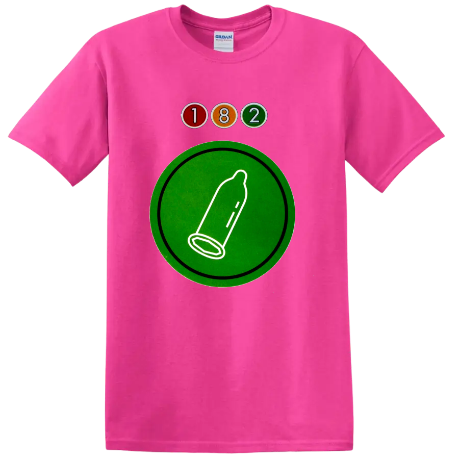 Blink-182 182 logo with colorful circles and green graphic emblem on a Safety Pink T Shirt