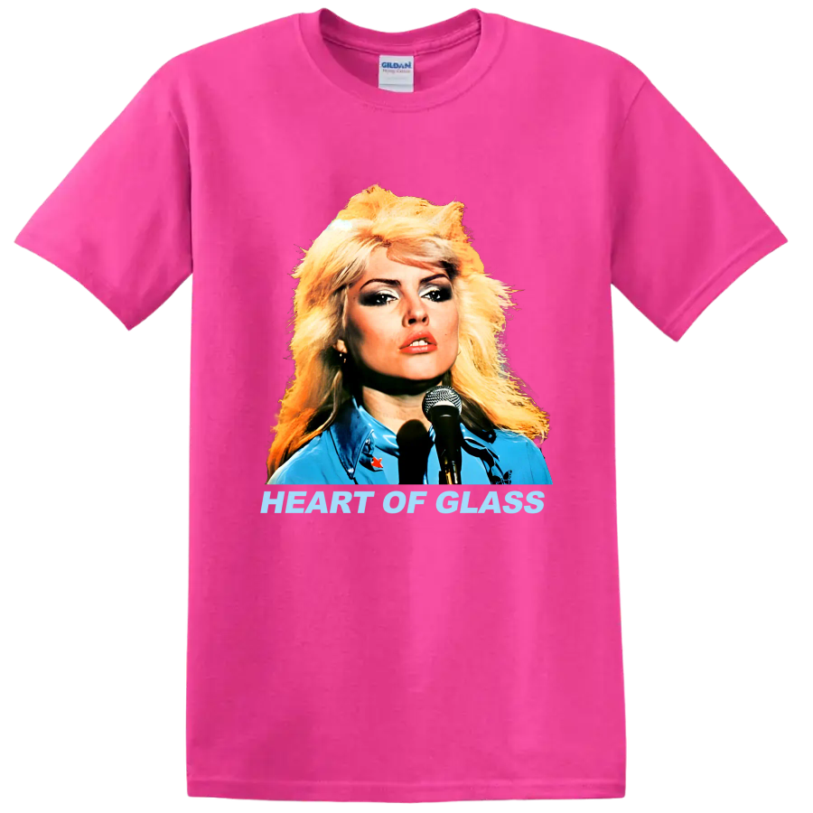 Blondie singer portrait with Heart of Glass text, retro punk rock graphic on a Safety Pink T Shirt