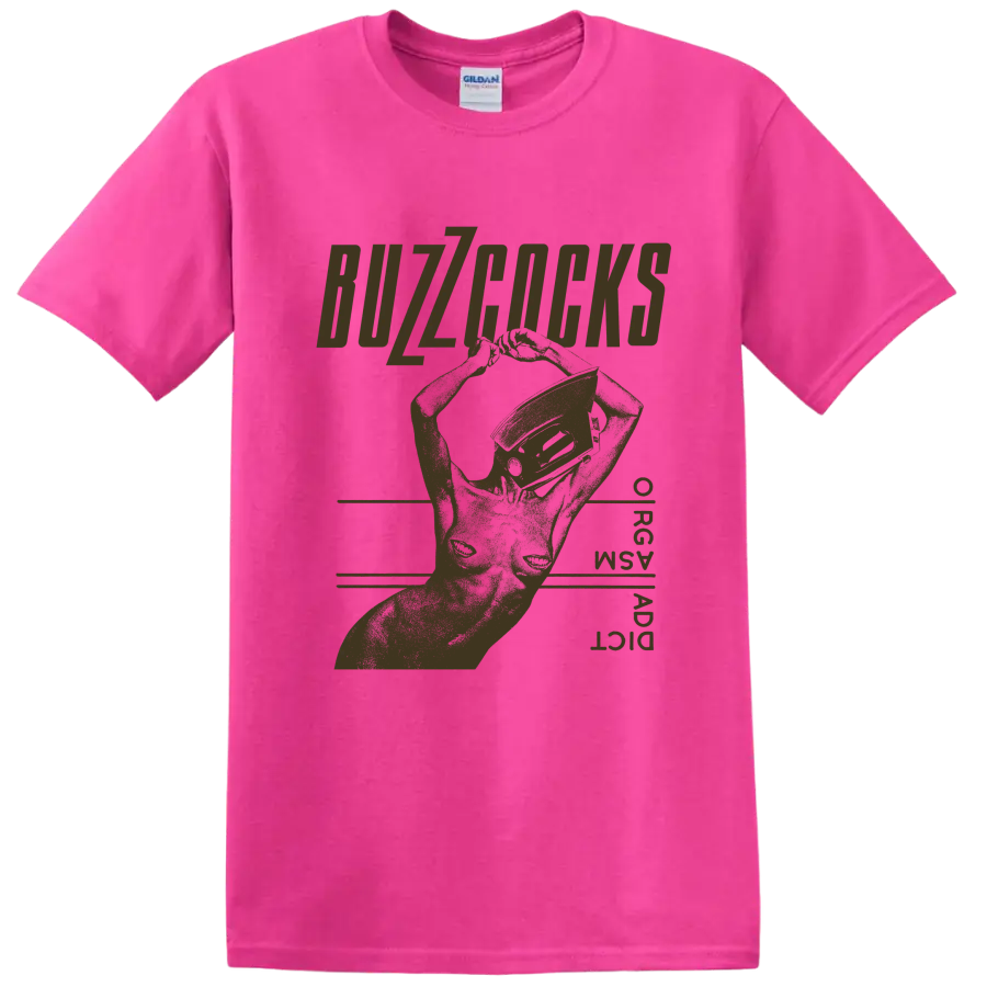 Buzzcocks distressed punk graphic with bold lettering and angular hand artwork on a Safety Pink T Shirt