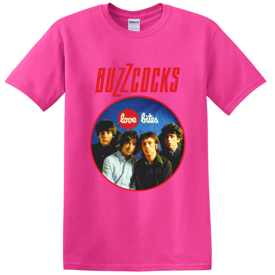 Buzzcocks punk rock band portrait with Love Bites graphic on a Safety Pink T Shirt