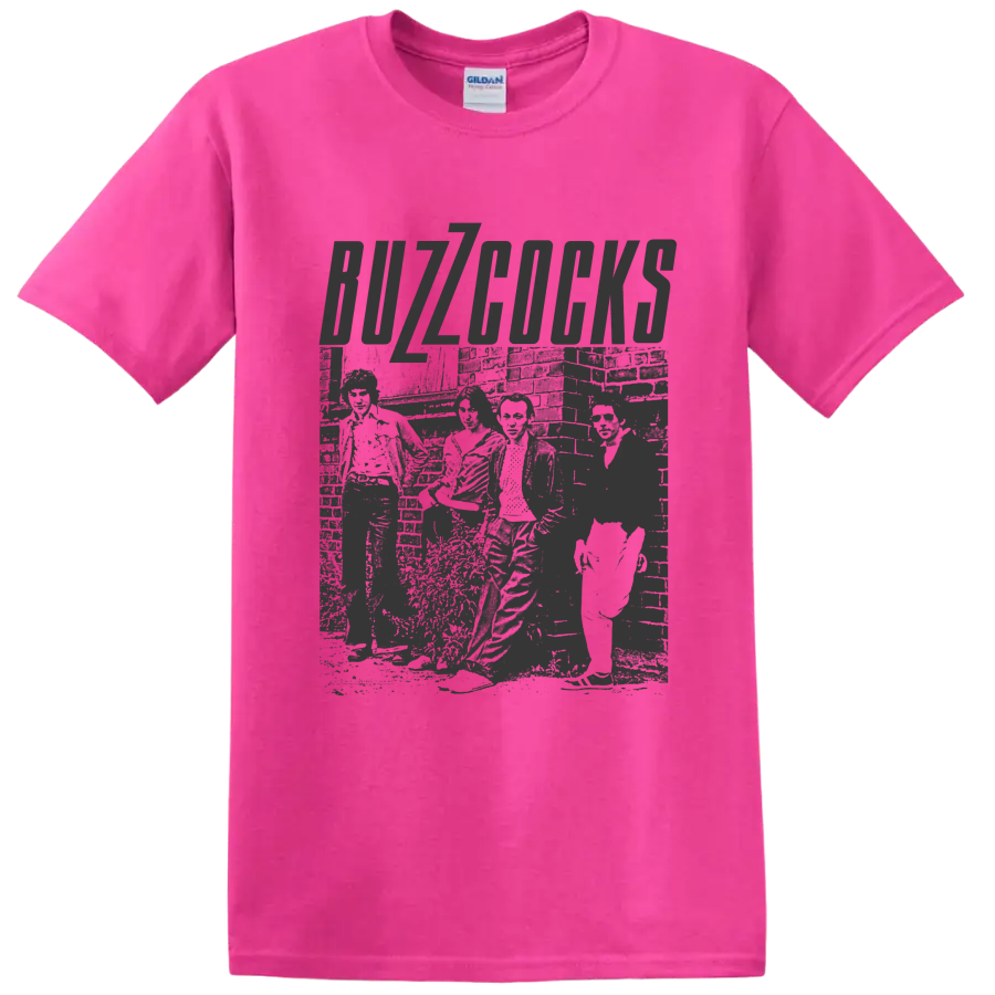 Buzzcocks distressed punk rock lettering with gritty monochrome artwork on a Safety Pink T Shirt