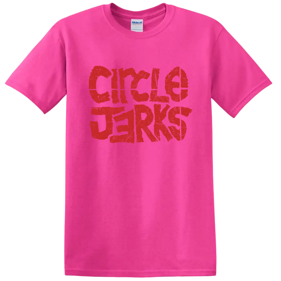 Distressed red Circle Jerks punk rock band lettering graphic on a Safety Pink T Shirt
