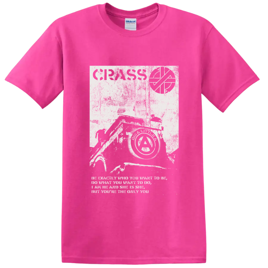 Crass punk rock anarchist collage graphic print on a Safety Pink T Shirt
