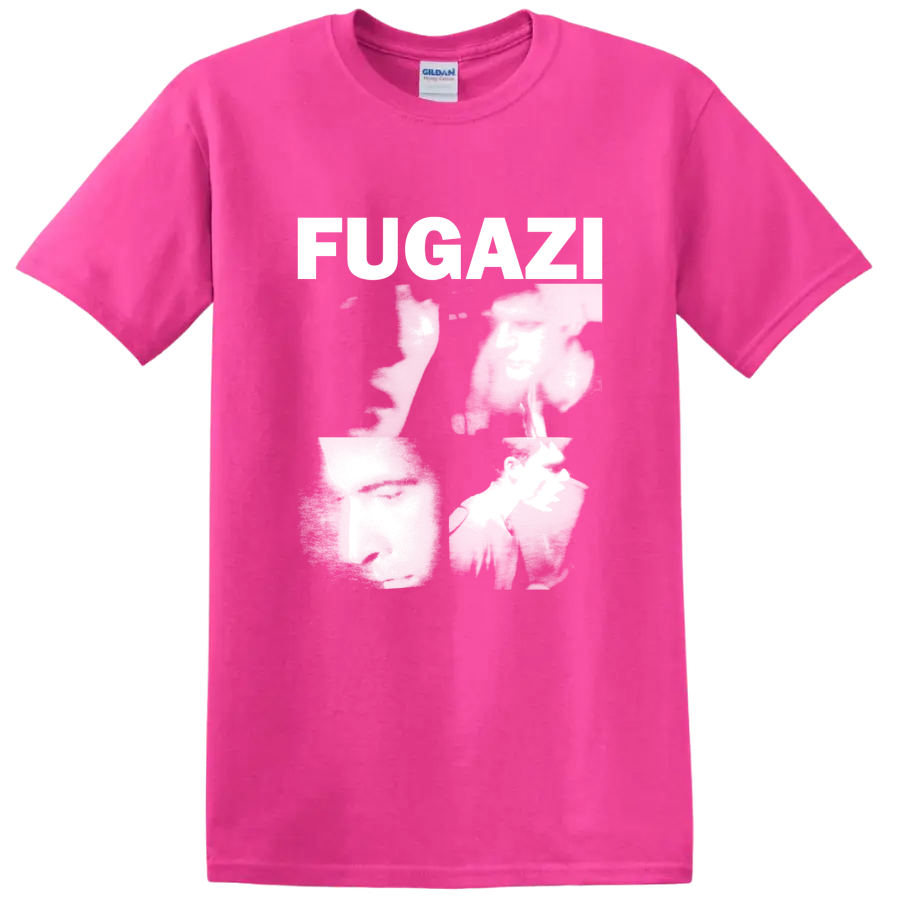 Fugazi distressed punk rock lettering graphic print on a Safety Pink T Shirt
